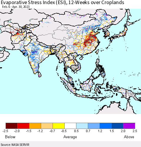 Asia Evaporative Stress Index (ESI), 12-Weeks over Croplands Thematic Map For 4/24/2023 - 4/30/2023