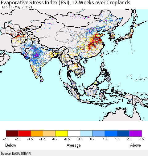 Asia Evaporative Stress Index (ESI), 12-Weeks over Croplands Thematic Map For 5/1/2023 - 5/7/2023