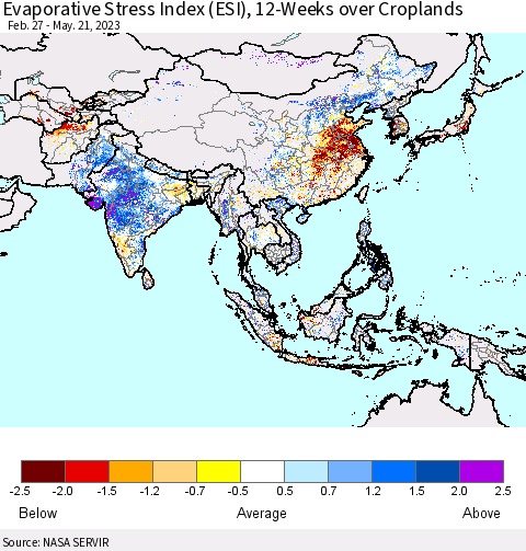 Asia Evaporative Stress Index (ESI), 12-Weeks over Croplands Thematic Map For 5/15/2023 - 5/21/2023