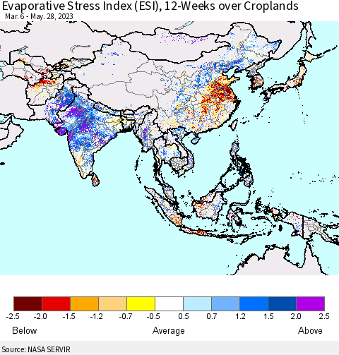 Asia Evaporative Stress Index (ESI), 12-Weeks over Croplands Thematic Map For 5/22/2023 - 5/28/2023