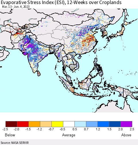 Asia Evaporative Stress Index (ESI), 12-Weeks over Croplands Thematic Map For 5/29/2023 - 6/4/2023