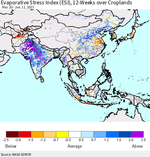 Asia Evaporative Stress Index (ESI), 12-Weeks over Croplands Thematic Map For 6/5/2023 - 6/11/2023