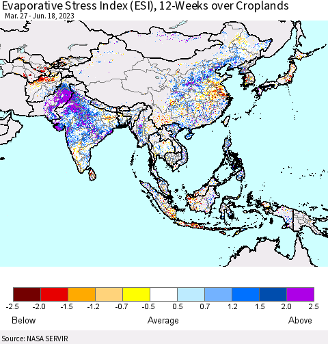 Asia Evaporative Stress Index (ESI), 12-Weeks over Croplands Thematic Map For 6/12/2023 - 6/18/2023