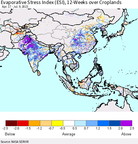 Asia Evaporative Stress Index (ESI), 12-Weeks over Croplands Thematic Map For 7/3/2023 - 7/9/2023