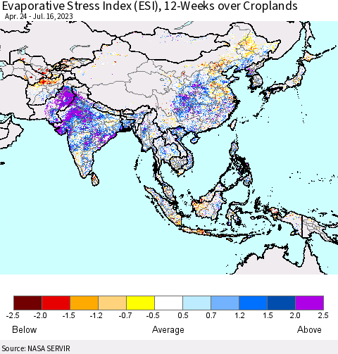 Asia Evaporative Stress Index (ESI), 12-Weeks over Croplands Thematic Map For 7/10/2023 - 7/16/2023