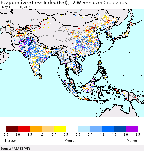 Asia Evaporative Stress Index (ESI), 12-Weeks over Croplands Thematic Map For 7/24/2023 - 7/30/2023