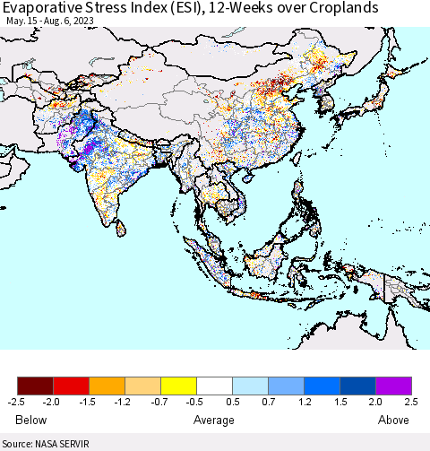 Asia Evaporative Stress Index (ESI), 12-Weeks over Croplands Thematic Map For 7/31/2023 - 8/6/2023