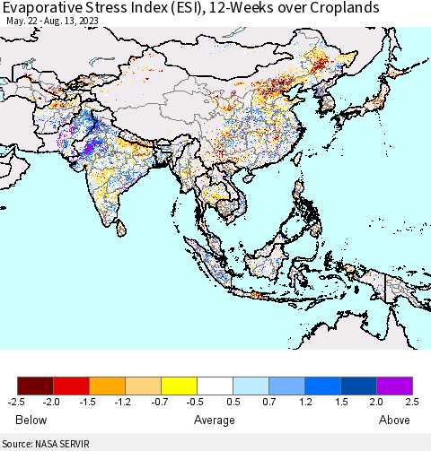 Asia Evaporative Stress Index (ESI), 12-Weeks over Croplands Thematic Map For 8/7/2023 - 8/13/2023
