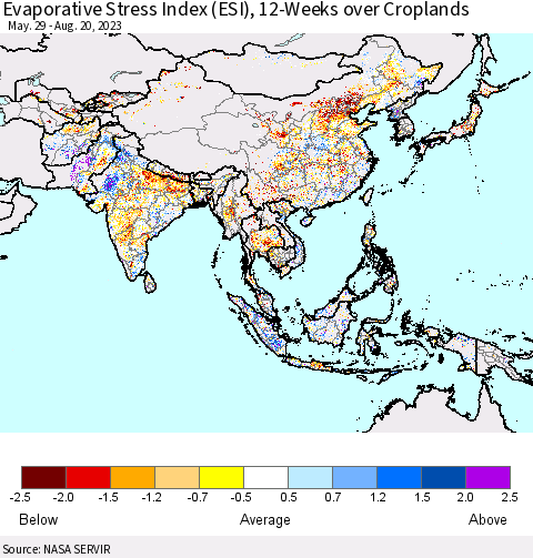 Asia Evaporative Stress Index (ESI), 12-Weeks over Croplands Thematic Map For 8/14/2023 - 8/20/2023