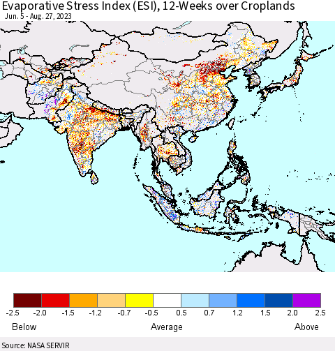 Asia Evaporative Stress Index (ESI), 12-Weeks over Croplands Thematic Map For 8/21/2023 - 8/27/2023