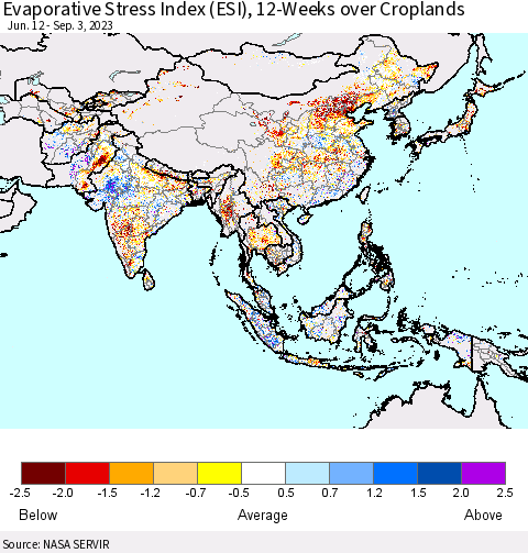 Asia Evaporative Stress Index (ESI), 12-Weeks over Croplands Thematic Map For 8/28/2023 - 9/3/2023