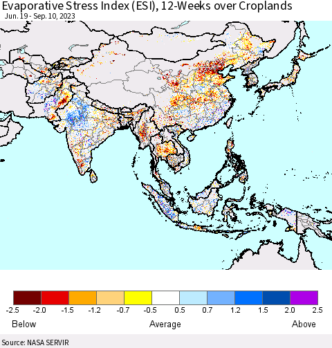 Asia Evaporative Stress Index (ESI), 12-Weeks over Croplands Thematic Map For 9/4/2023 - 9/10/2023