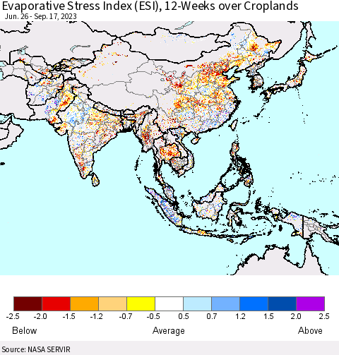Asia Evaporative Stress Index (ESI), 12-Weeks over Croplands Thematic Map For 9/11/2023 - 9/17/2023