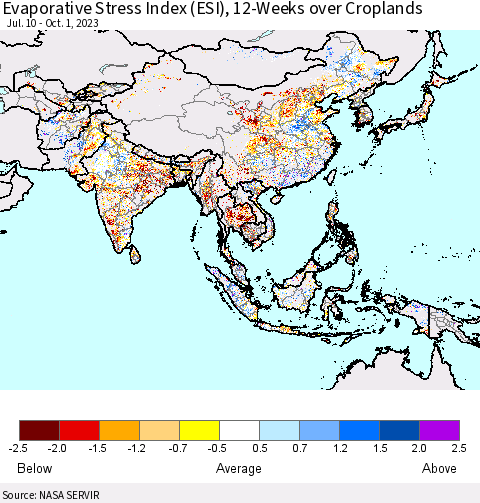 Asia Evaporative Stress Index (ESI), 12-Weeks over Croplands Thematic Map For 9/25/2023 - 10/1/2023