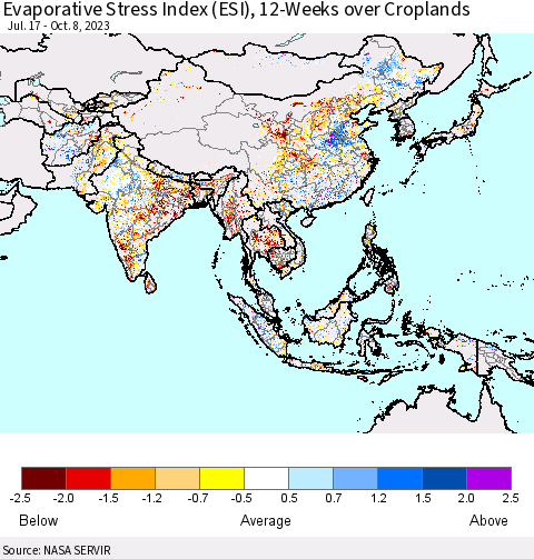 Asia Evaporative Stress Index (ESI), 12-Weeks over Croplands Thematic Map For 10/2/2023 - 10/8/2023