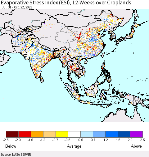 Asia Evaporative Stress Index (ESI), 12-Weeks over Croplands Thematic Map For 10/16/2023 - 10/22/2023