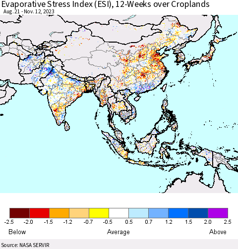 Asia Evaporative Stress Index (ESI), 12-Weeks over Croplands Thematic Map For 11/6/2023 - 11/12/2023