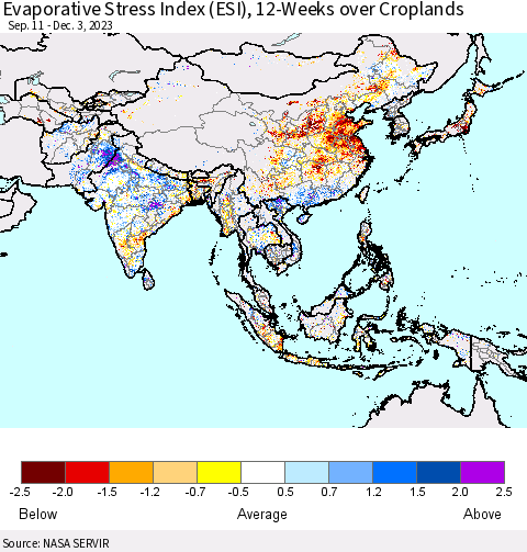 Asia Evaporative Stress Index (ESI), 12-Weeks over Croplands Thematic Map For 11/27/2023 - 12/3/2023