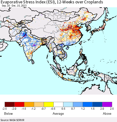 Asia Evaporative Stress Index (ESI), 12-Weeks over Croplands Thematic Map For 12/4/2023 - 12/10/2023