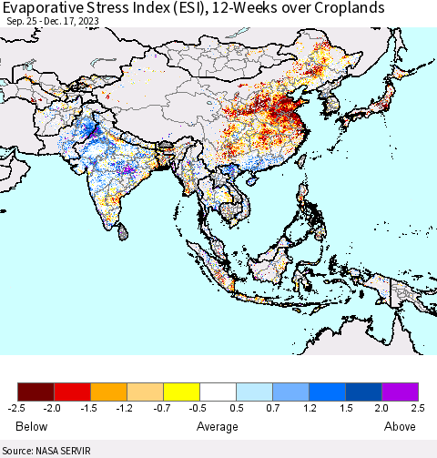 Asia Evaporative Stress Index (ESI), 12-Weeks over Croplands Thematic Map For 12/11/2023 - 12/17/2023
