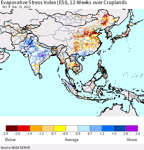 Asia Evaporative Stress Index (ESI), 12-Weeks over Croplands Thematic Map For 12/25/2023 - 12/31/2023