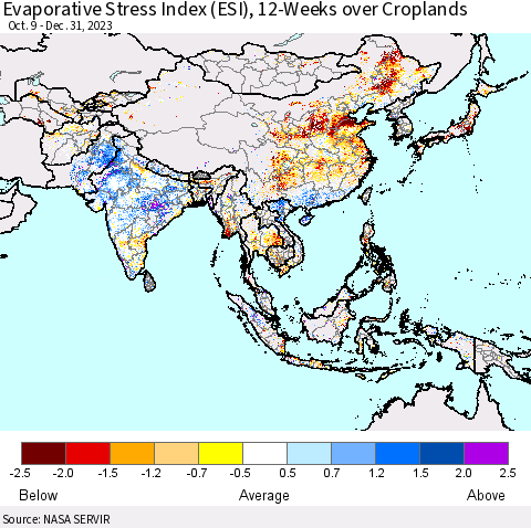 Asia Evaporative Stress Index (ESI), 12-Weeks over Croplands Thematic Map For 1/1/2024 - 1/7/2024