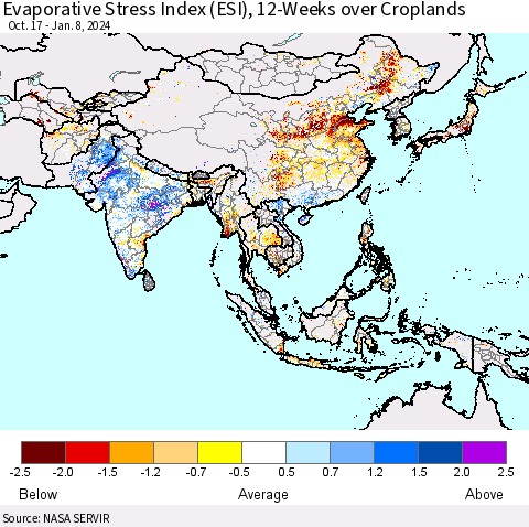 Asia Evaporative Stress Index (ESI), 12-Weeks over Croplands Thematic Map For 1/8/2024 - 1/14/2024