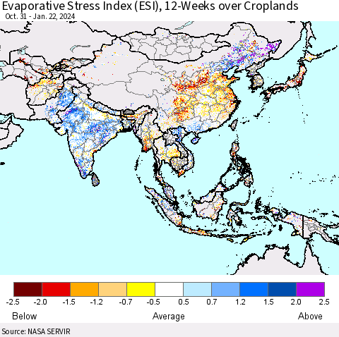 Asia Evaporative Stress Index (ESI), 12-Weeks over Croplands Thematic Map For 1/22/2024 - 1/28/2024