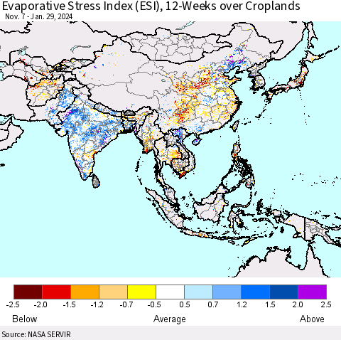 Asia Evaporative Stress Index (ESI), 12-Weeks over Croplands Thematic Map For 1/29/2024 - 2/4/2024