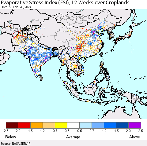 Asia Evaporative Stress Index (ESI), 12-Weeks over Croplands Thematic Map For 2/26/2024 - 3/3/2024