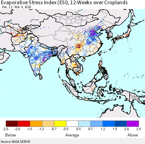 Asia Evaporative Stress Index (ESI), 12-Weeks over Croplands Thematic Map For 3/4/2024 - 3/10/2024