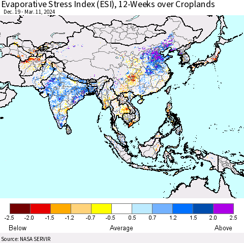 Asia Evaporative Stress Index (ESI), 12-Weeks over Croplands Thematic Map For 3/11/2024 - 3/17/2024