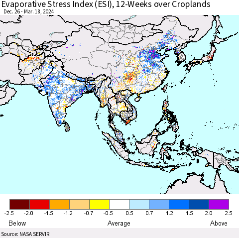 Asia Evaporative Stress Index (ESI), 12-Weeks over Croplands Thematic Map For 3/18/2024 - 3/24/2024