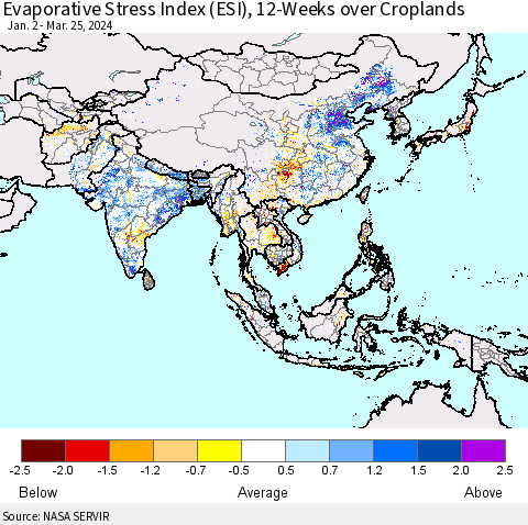 Asia Evaporative Stress Index (ESI), 12-Weeks over Croplands Thematic Map For 3/25/2024 - 3/31/2024