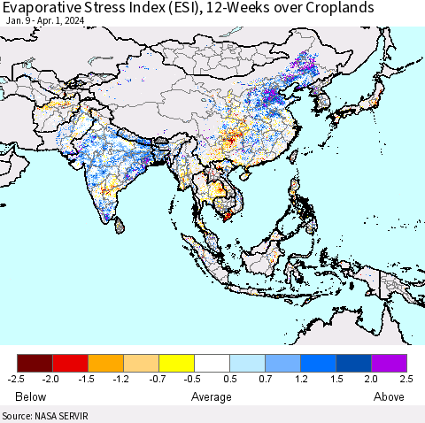 Asia Evaporative Stress Index (ESI), 12-Weeks over Croplands Thematic Map For 4/1/2024 - 4/7/2024