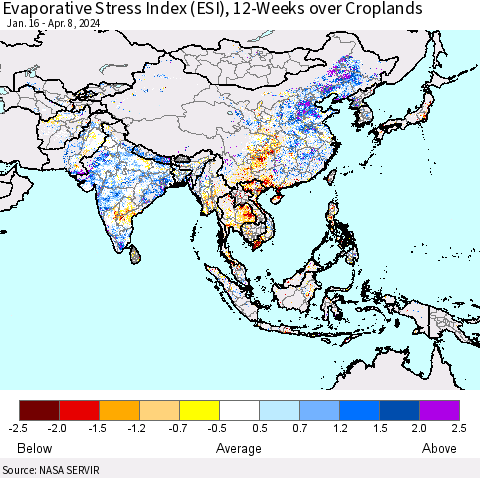 Asia Evaporative Stress Index (ESI), 12-Weeks over Croplands Thematic Map For 4/8/2024 - 4/14/2024