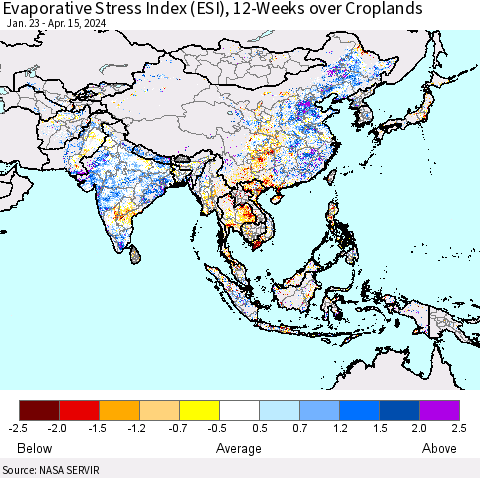 Asia Evaporative Stress Index (ESI), 12-Weeks over Croplands Thematic Map For 4/15/2024 - 4/21/2024