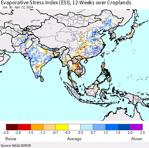 Asia Evaporative Stress Index (ESI), 12-Weeks over Croplands Thematic Map For 4/22/2024 - 4/28/2024