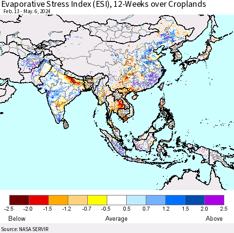 Asia Evaporative Stress Index (ESI), 12-Weeks over Croplands Thematic Map For 5/6/2024 - 5/12/2024
