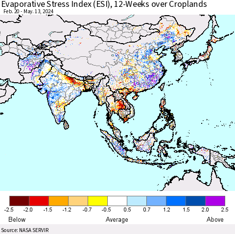 Asia Evaporative Stress Index (ESI), 12-Weeks over Croplands Thematic Map For 5/13/2024 - 5/19/2024