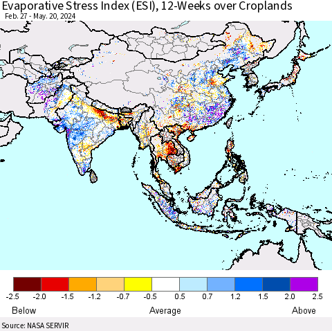 Asia Evaporative Stress Index (ESI), 12-Weeks over Croplands Thematic Map For 5/20/2024 - 5/26/2024
