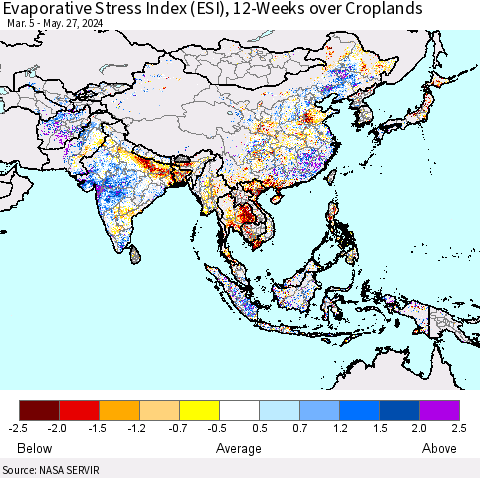 Asia Evaporative Stress Index (ESI), 12-Weeks over Croplands Thematic Map For 5/27/2024 - 6/2/2024