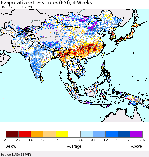 Asia Evaporative Stress Index (ESI), 4-Weeks Thematic Map For 1/2/2023 - 1/8/2023