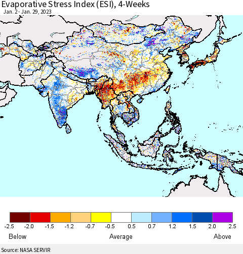 Asia Evaporative Stress Index (ESI), 4-Weeks Thematic Map For 1/23/2023 - 1/29/2023