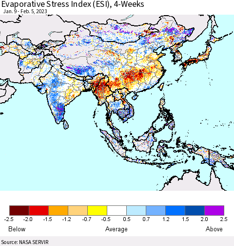 Asia Evaporative Stress Index (ESI), 4-Weeks Thematic Map For 1/30/2023 - 2/5/2023