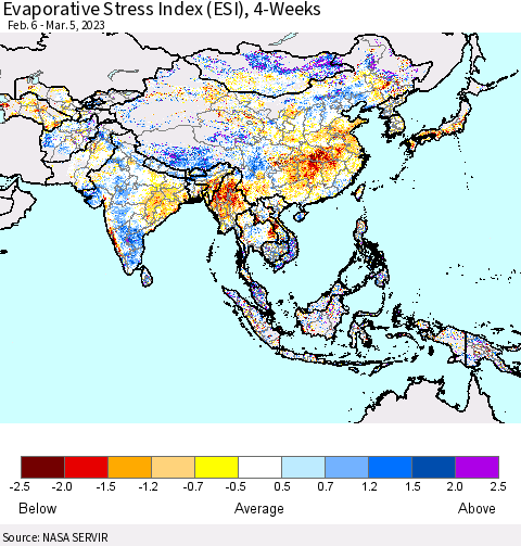 Asia Evaporative Stress Index (ESI), 4-Weeks Thematic Map For 2/27/2023 - 3/5/2023