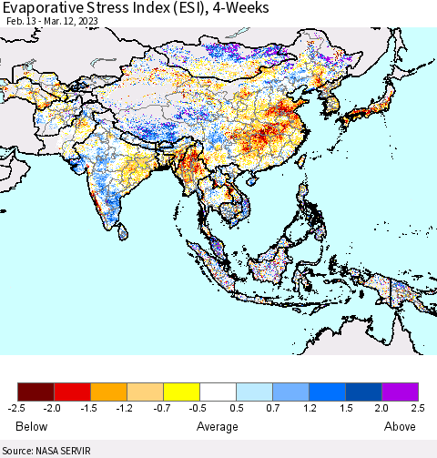 Asia Evaporative Stress Index (ESI), 4-Weeks Thematic Map For 3/6/2023 - 3/12/2023