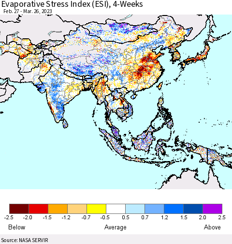 Asia Evaporative Stress Index (ESI), 4-Weeks Thematic Map For 3/20/2023 - 3/26/2023