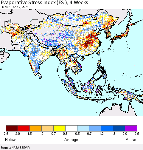 Asia Evaporative Stress Index (ESI), 4-Weeks Thematic Map For 3/27/2023 - 4/2/2023