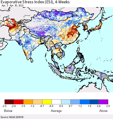 Asia Evaporative Stress Index (ESI), 4-Weeks Thematic Map For 4/24/2023 - 4/30/2023